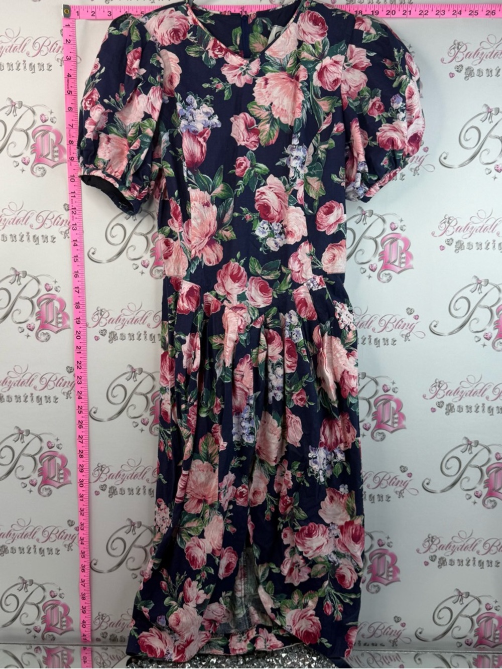 Cindy dress vintage puff sleeve Floral Midi Dress - Navy with Pink Roses